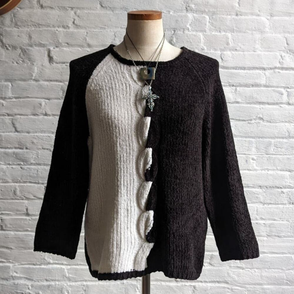 Vintage Cable Knit Sweater Oversize Chunky Knitted M Minimalist Colorblock Top